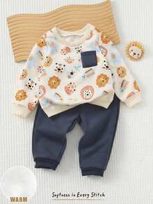 Cozy Pixies مجموعة بلوزة كنزة طويلة الأكمام بطباعة حيوانات كرتونية ناعمة وبنطلون بخصر مطاطي لطفل ولد، قطعتان - متعدد الألوان - مشاهدة 8