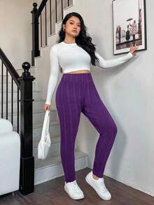 SHEIN EZwear Quần legging giữ nhiệt cạp cao màu tím cỡ lớn, Thu/Đông - Màu tím - Xem 3