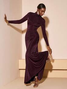 Zivah 2026春夏新款音乐节、复活节、圣帕特里克节、情人节、约会、西部、游牧风格立领褶皱设计长袖A字收腰亮面长款派对连衣裙 - 棕色 - 查看 8