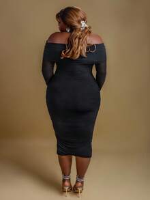 CurvyTilda Tildaharris Plus Off Shoulder Ruched Mesh Bodycon Dress, For Hourglass Body Shape - Black - View 2