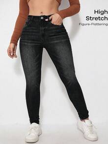 Flexra 大码女式弹力修身休闲牛仔裤，四季皆宜 - 深灰色 - 查看 1