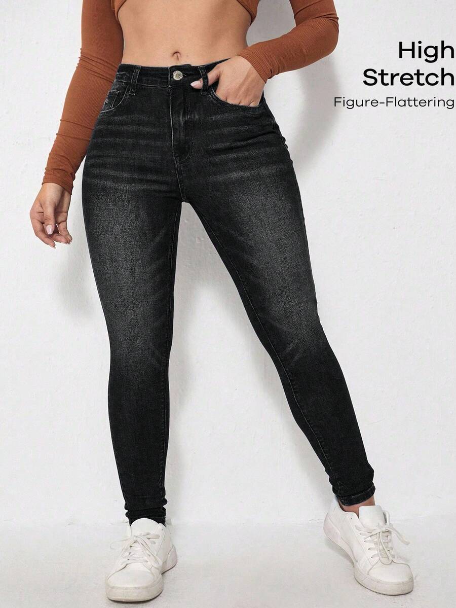 Flexra 大码女式弹力修身休闲牛仔裤，四季皆宜 - 深灰色 - 查看 1