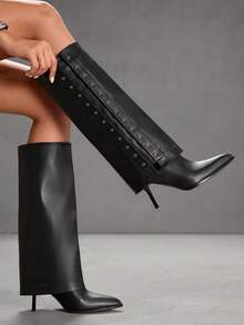 CUCCOO SZL Giày bốt cao đến đầu gối mũi nhọn thời trang đa năng dành cho nữ - màu đen - Xem 6