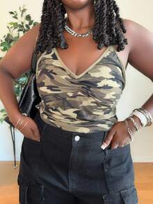 Truni 大码夏季休闲迷彩露背吊带上衣 - 軍綠色 - 查看 7