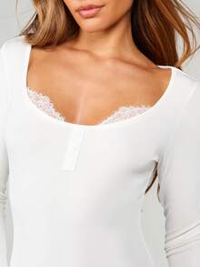 MISSGUIDED Long Sleeve Ribbed Scoop Neck Mini Dress With Delicate Lace Trim Detail Bodycon Fitted Silhouette Fall Winter - White - View 3