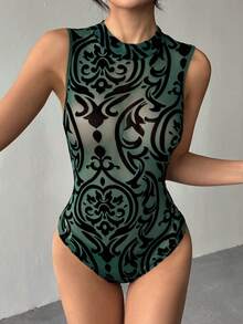 Chiquease Áo liền thân không tay cổ đứng bằng vải lưới xuyên thấu in họa tiết cuộn, gợi cảm dành cho nữ, thích hợp cho mùa hè. - màu xanh lá - Xem 3