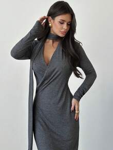 Firerie 女士优雅简约通勤休闲日常百搭新年情人节V领系带长袖灰色长连衣裙，秋冬款 - 灰色 - 查看 6