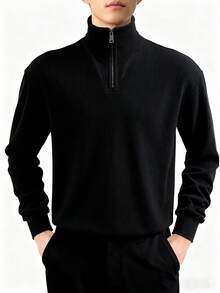 Manfinity Dauomo 男士纯色拉链半开襟长袖休闲宽松套头衫四分之一拉链卫衣 - 黑色 - 查看 1
