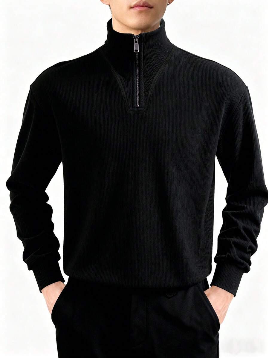 Manfinity Dauomo 男士纯色拉链半开襟长袖休闲宽松套头衫四分之一拉链卫衣 - 黑色 - 查看 1