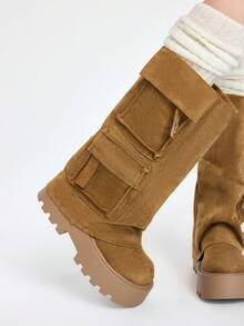 ROMWE Grunge Punk Bốt cổ ngắn hai túi kaki trang trí chữ U mới cho nữ, phù hợp với phong cách thời trang đường phố, bốt đế dày chống trượt, phong cách Punk phương Tây có khóa và khóa kéo bên hông, trang phục thường ngày - Màu Khaki - Xem 4