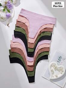 10pcs/Set Women Plus Size Seamless Solid Colored Thong Underwear - Multicolor - View 2