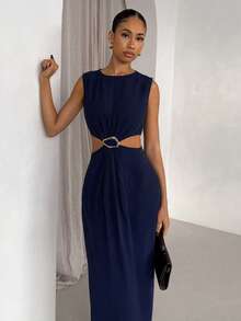 SHEIN Glamour Women's Fashionable Solid Color Sleeveless Dress - Blue - View 4