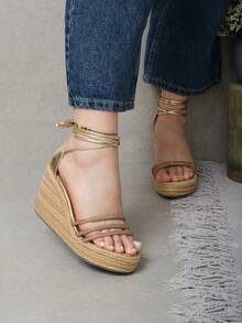 Elegantes sandalias de cuña con tiras doradas y diamantes decorativos para mujer, zapatos de plataforma con suela de cuerda - Dorado - Ver 3