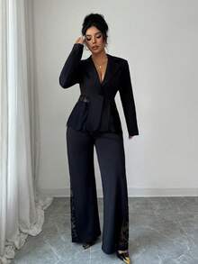 Elenzga Completo elegante da donna composto da blazer monopetto con inserti in pizzo e pantaloni, stile casual, adatto per l'ufficio e il tempo libero, in stile francese vintage, 2 pezzi, autunno/inverno - nero - Visualizzare 4