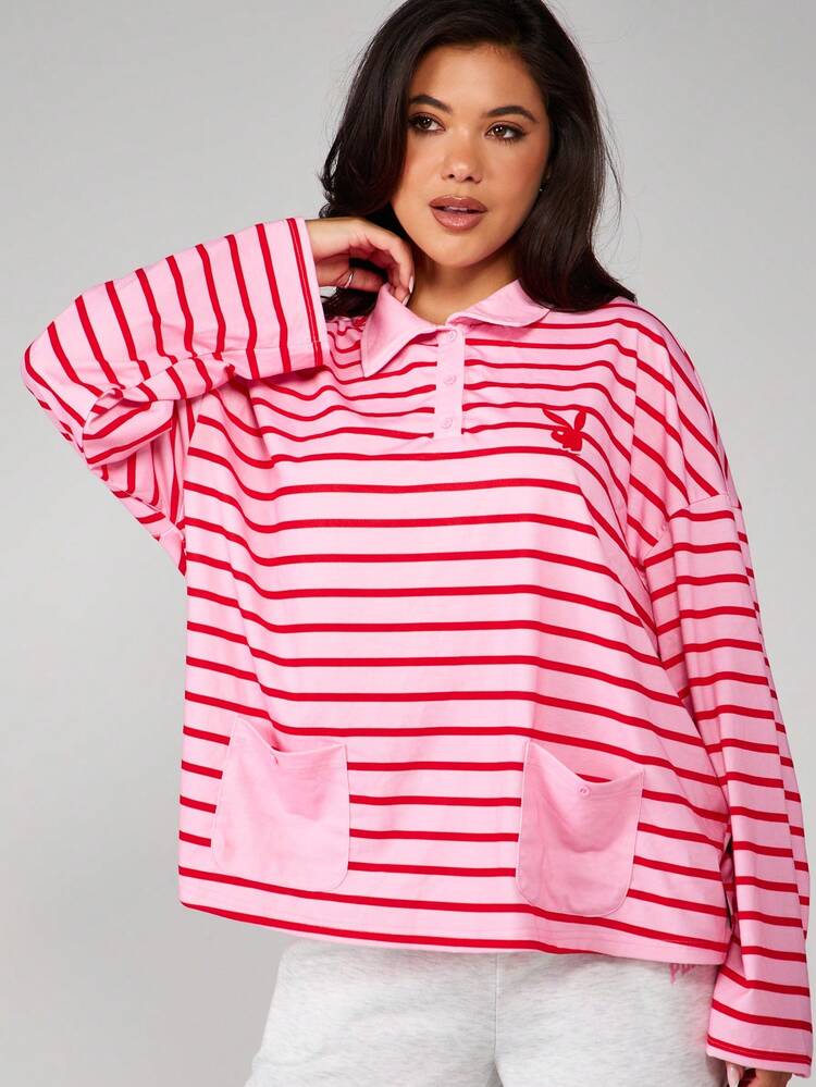Missguided x Playboy Oversized Striped Rugby Polo Top With Centre Pocket Long Sleeve Collared Shirt Casual Relaxed Fit Preppy