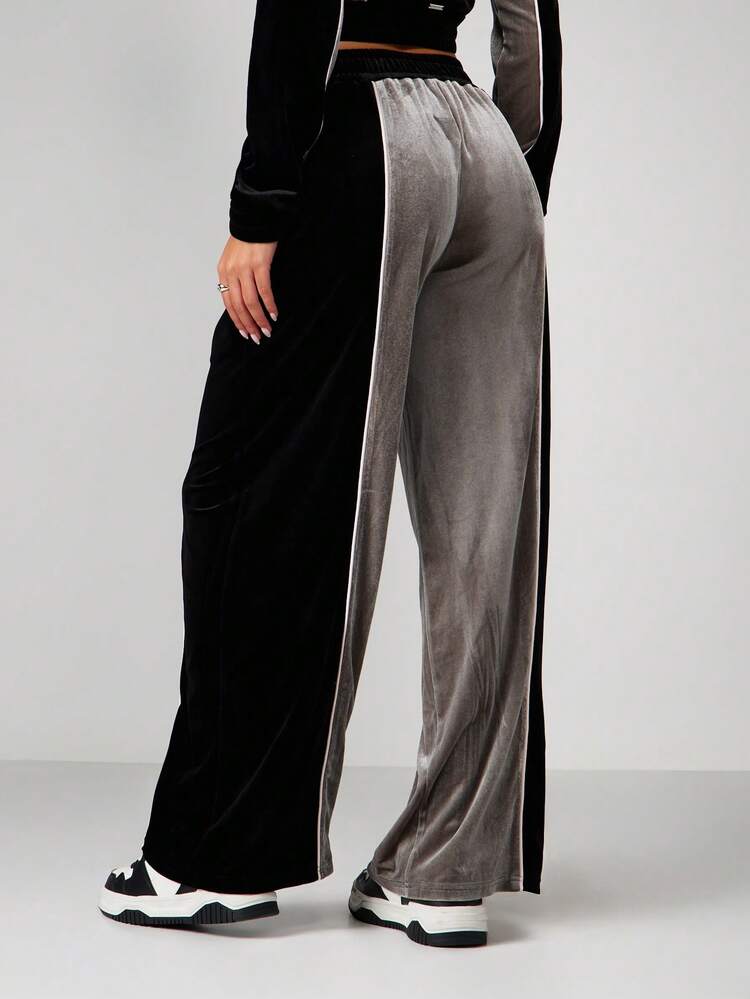 Missguided x Playboy Velour Color Block Wide Leg Sweatpants With Script Embroidery Elastic Waistband Loungewear