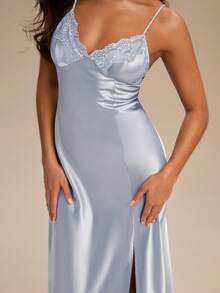 Enchnt 刺绣领口开衩下摆性感吊带裙 - 霧霾藍 - 查看 6