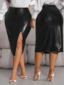Hourglow Saia de Couro PU Elegante com Fenda Lateral em Cor Sólida para Mulheres Plus Size, Outono/Inverno - Preto - Visão 4