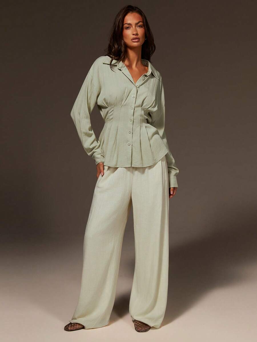 Athîral 女士休闲绿色纽扣长袖修身衬衫，收腰褶裥设计，适合女性休闲穿着，绿色衬衫，舒适梭织面料，优雅连衣裙，浅绿色上衣，亚麻衬衫，夏季衬衫，鼠尾草绿上衣，绿色衬衫，春季女装，春假必备 - 綠色 - 查看 1