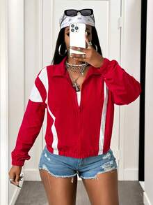 BamGleam Women's Casual Red And White Short Coat With Random Print And Zipper Details Woven Fabric Collar - Red and White - View 1