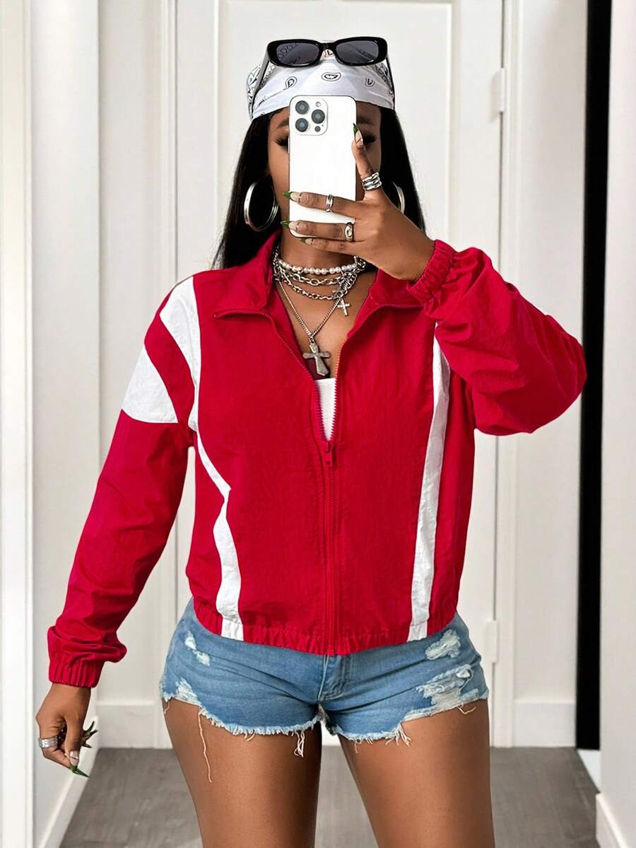 BamGleam Women's Casual Red And White Short Coat With Random Print And Zipper Details Woven Fabric Collar - Red and White - View 1