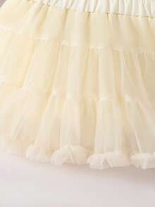 SHEIN Playful Pals Bộ trang phục 2 món cho bé gái: Áo khoác cardigan dài tay màu mơ có nơ trang trí + Chân váy vải tuyn màu đỏ tía, dành cho mùa thu/đông - Màu be - Xem 4