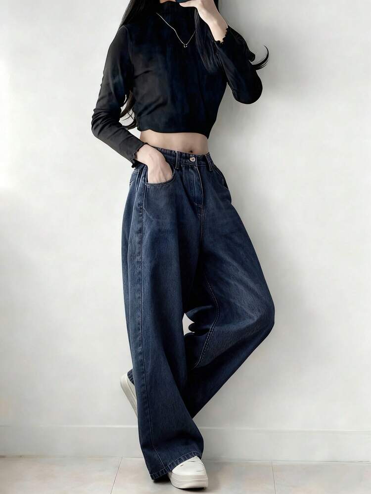 Women's Casual Fashion Street Chic Daily Commute Simple Versatile Loose Fit Wide Leg Jeans Y2k