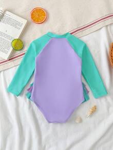 SHEIN Toddler Girl Island Palm Tree Print Long Sleeve Zipper One-Piece Swimsuit, Cute Ruffle Raglan Sleeve Sun Protection Swimwear