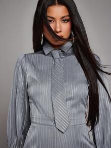 NYA SZN Jumpsuit Long Sleeve Wide Leg Baggy Button Up Collar Tie Detail Grey Black Festive Holiday Valentines Day Business Casual Office Siren Event Party Special Occasion Carnival Outfits For Women - Grey - View 5