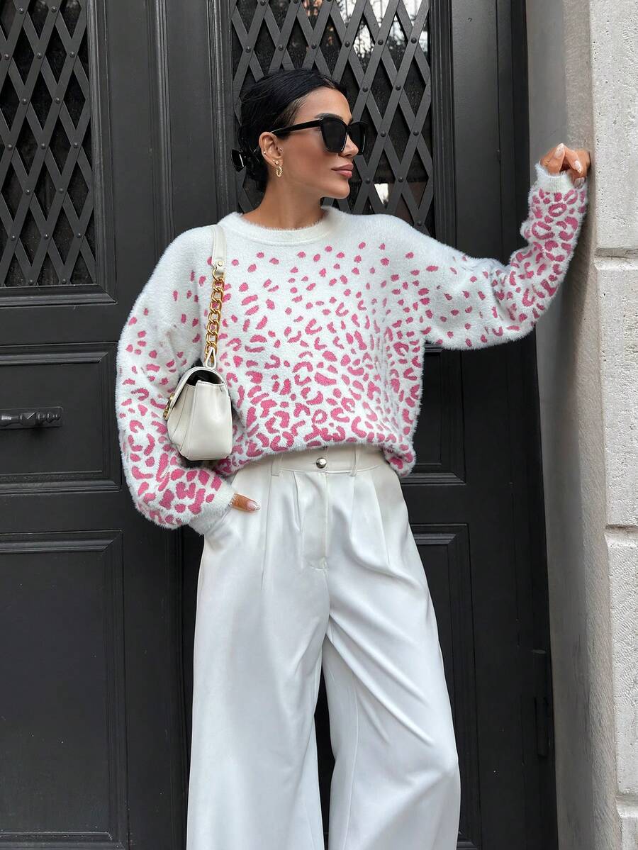 EURMUSE Moher Yarn Pullover Leopard Pattern Pullover Fall Winter - Baby Pink - View 1