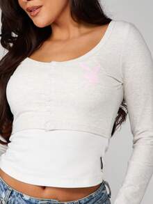 Missguided x Playboy Long Sleeve Fitted Button Front Crew Neck Top With Pink Bunny Logo Print Spring Casual Basic Tee - Multicolor - View 1