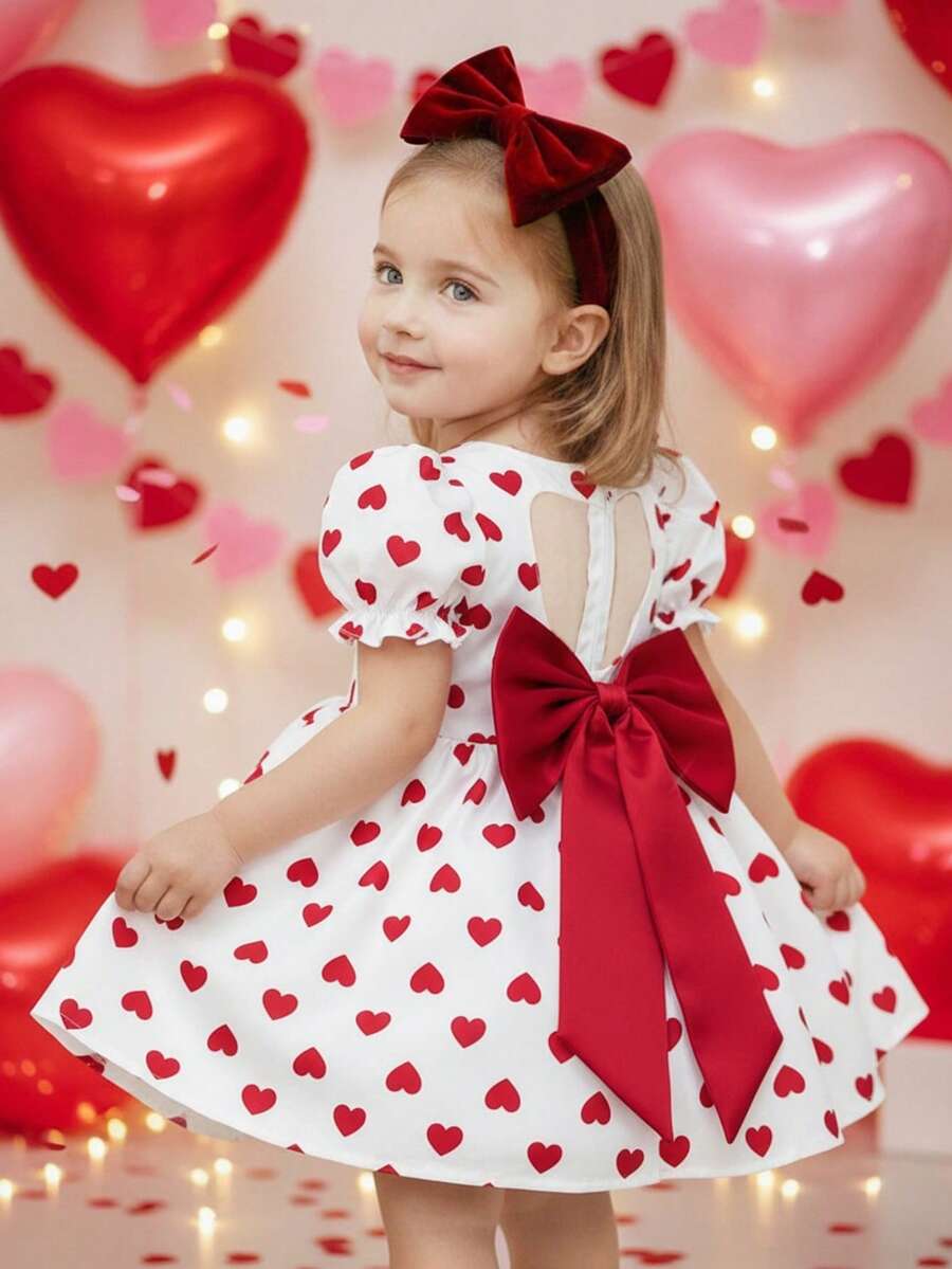 Elegant And Adorable White Polka Dot Dress With Heart And Butterfly Embellishments, Baby Girl Style, Valentine's Day Heart Design, 3D Bow Puff Sleeve Dress, Elegant White Dress With Heart Motifs, Graceful And Cute. - Multicolor - View 1