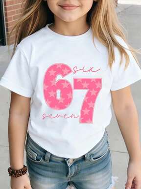 SHEIN Explorewe Young Girls Casual Comfortable Fashion Versatile Creative Funny "67" Number & "Six Seven" Letter Graphic Short Sleeve T-Shirt, Suitable For Outings In Summer