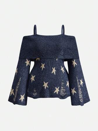 Hippie كنزة كتف مكشوفة بطبعة غامضة للساحرة وعلم الفلك مقاس كبير الحجم