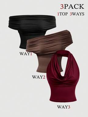 SHEIN MOD Set de 3 camisetas de mujer de unicolor con pliegues, versátiles y de moda