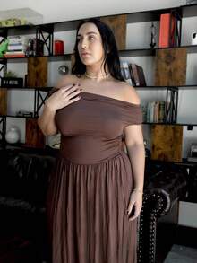 Truni 大码女式优雅超级百搭弹力面料黑色或日常穿着、派对、露肩、大码女式、A 级连衣裙、女士生日连衣裙 - 咖啡棕 - 查看 4