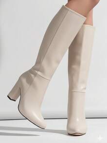 Botas de mujer botas altas a media pierna calzado estilo clasico básico botas de tacón cono para mujer calzado para dama de lujo sexy material premium casual botas con suela antideslizante acojinadas botas altas media  pierna para fiestas  festivales trabajo colegio botines botas largas casuales botas womens boots shoes MinasDelRey - Beis - Ver 2