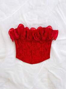 Soleia 女士优雅提花荷叶边抹胸上衣 - 紅色 - 查看 5