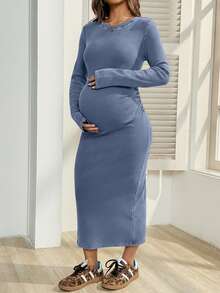 SHEIN Maternity Solid Color Round Neck Regular Shoulder Long Sleeve Fitted Ruched Dress - Blue - View 6