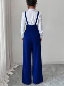 Elenzga Quần ống đứng thanh lịch lãng mạn dành cho nữ có dây đeo ở eo và nút cài trang trí - Xanh đậm - Xem 2