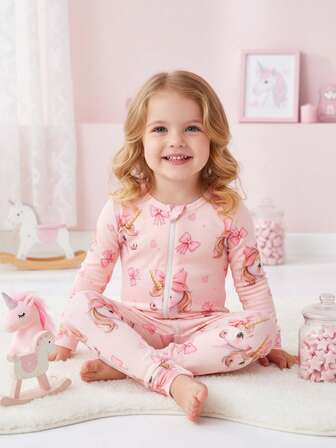 Pelele de manga larga con cremallera y estampado digital de unicornio con moño rosa para bebés niñas