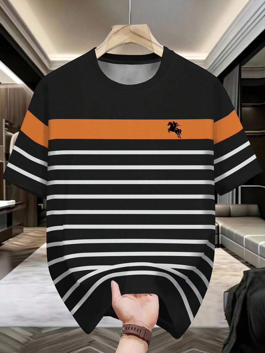 复古条纹印花男士休闲T恤，夏季必备，骑士印花设计，时尚有型。这款T恤款式新颖，极具吸引力，是送给兄弟姐妹、节日或父亲节的绝佳礼物。休闲简约，时尚百搭。 - 黑色 - 查看 1