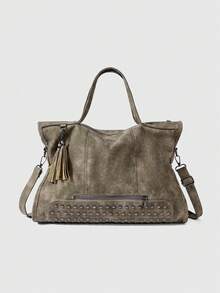 DareSee Minimalist Lightweight, Portable, Classic, Casual Large Capacity Tote Bag With Rivet And Tassel Decoration For Teen Girls Women College Students, Teacher, White-Collar Workers, Rookies & White-Collar Workers Perfect For Office, Perfect For Outdoors, Elementary School, Middle School, High School, Work, Business, Commute Best Gift Bags For Teachers, Women, Girlfriends & Families Music-Fest Y2K-Fest Back To School Autumn Winter Gifts