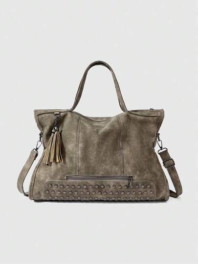 DareSee Minimalist Lightweight, Portable, Classic, Casual Large Capacity Tote Bag With Rivet And Tassel Decoration For Teen Girls Women College Students, Teacher, White-Collar Workers, Rookies & White-Collar Workers Perfect For Office, Perfect For Outdoors, Elementary School, Middle School, High School, Work, Business, Commute Best Gift Bags For Teachers, Women, Girlfriends & Families Music-Fest Y2K-Fest Back To School Autumn Winter Gifts Music Fest