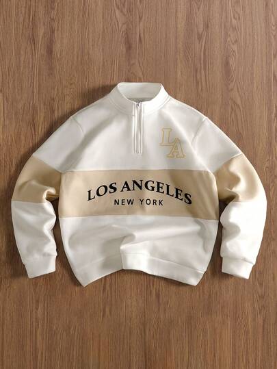 TOKVUE 男士秋季字母图案长袖拉链半开襟休闲运动衫