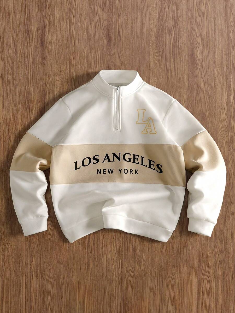 TOKVUE 男士秋季字母图案长袖拉链半开襟休闲运动衫 - 彩色 - 查看 1