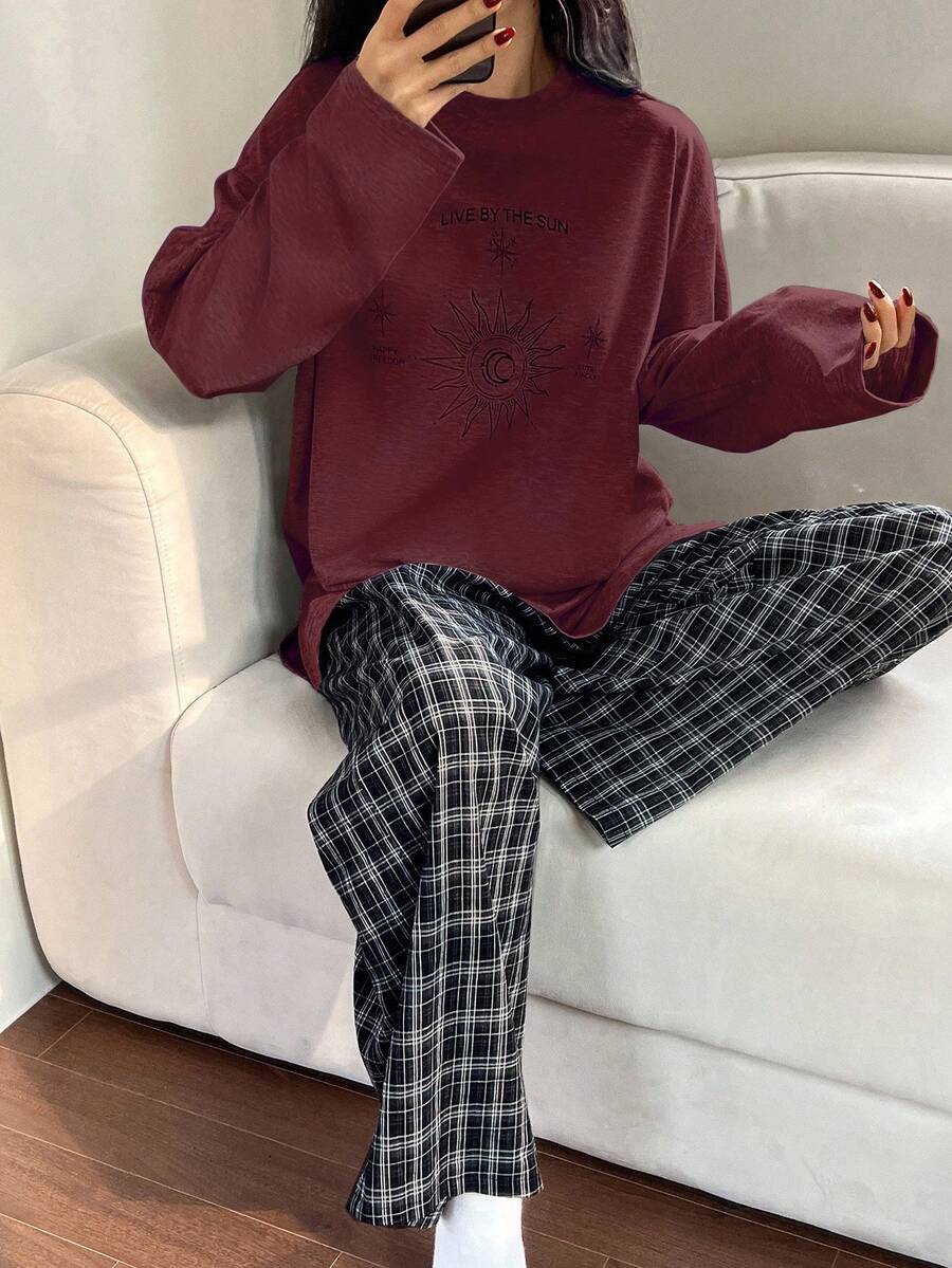 DAZY 两件套女士宽松舒适印花长袖格子睡衣套装 - 酒紅色 - 查看 1