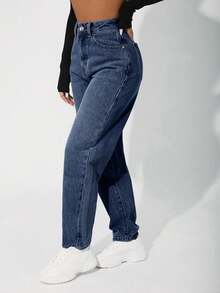 SHEIN PETITE Jeans de diseño sencillo, versátil y casual con cintura alta y estilo retro - Azul - Ver 2