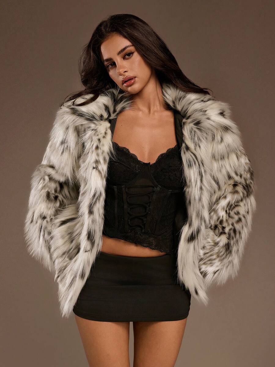 SHEIN ICON 女士豹纹时尚百搭人造皮草外套,适合秋冬季穿着 - 黑與白 - 查看 1