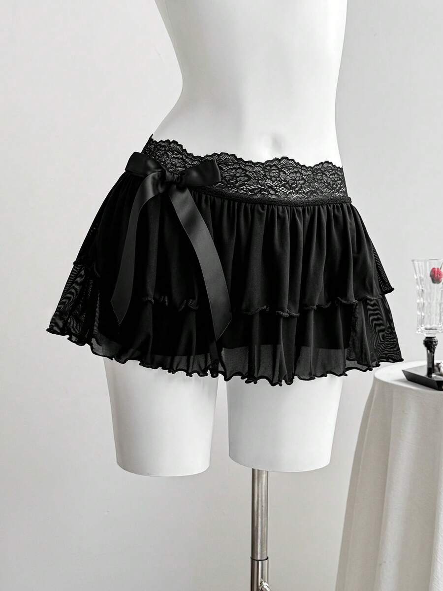 Comfortcana Chân váy chữ A thời trang dành cho nữ, phối ren tương phản, nơ và viền xếp ly, thích hợp cho năm mới. - màu đen - Xem 1